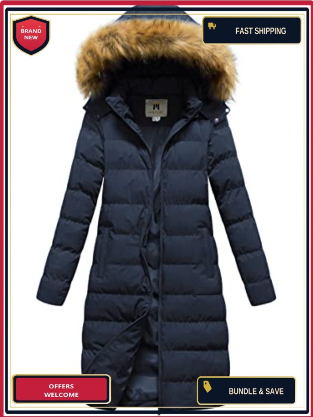 Women's Long Puffer Coat with Detachable Hood, Faux Fur Trim, Slim Fit, Water